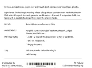 FIRE TEAS Reishi Mushroom & Turmeric Elixir Mix - Vanilla, Fennel Powder - Made in The USA
