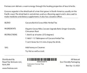 FIRE TEAS Cascara Sagrada & Cocoa Herbal Tea - Organic Cascara Sagrada Bark, Cocoa Nibs, Cinnamon, Ginger - Laxative, Cooling - Made in the USA