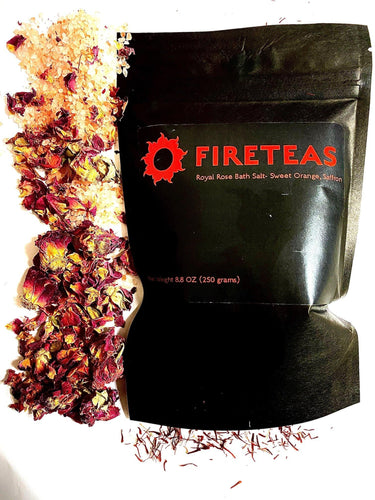 Royal Rose Bath Therapy - Dead Sea Salt, Himalayan Salt, Saffron, Sweet Orange Oil, Rose Petals - 250 Grams - Fire Teas